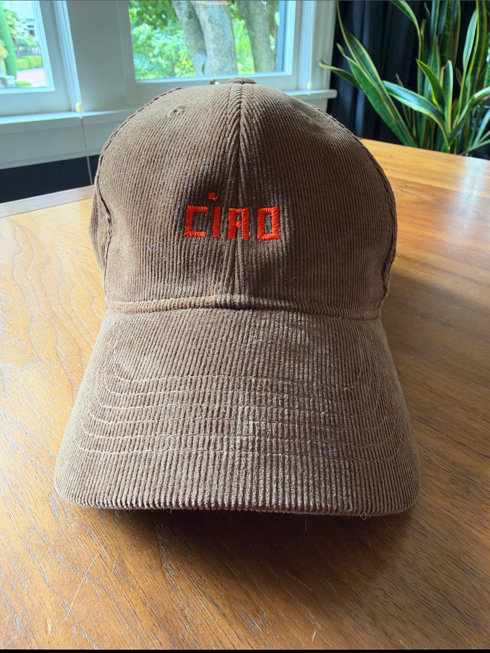 Clare V Brown Corduroy Baseball Cap with Neon Orange 'ciao' Embroidery